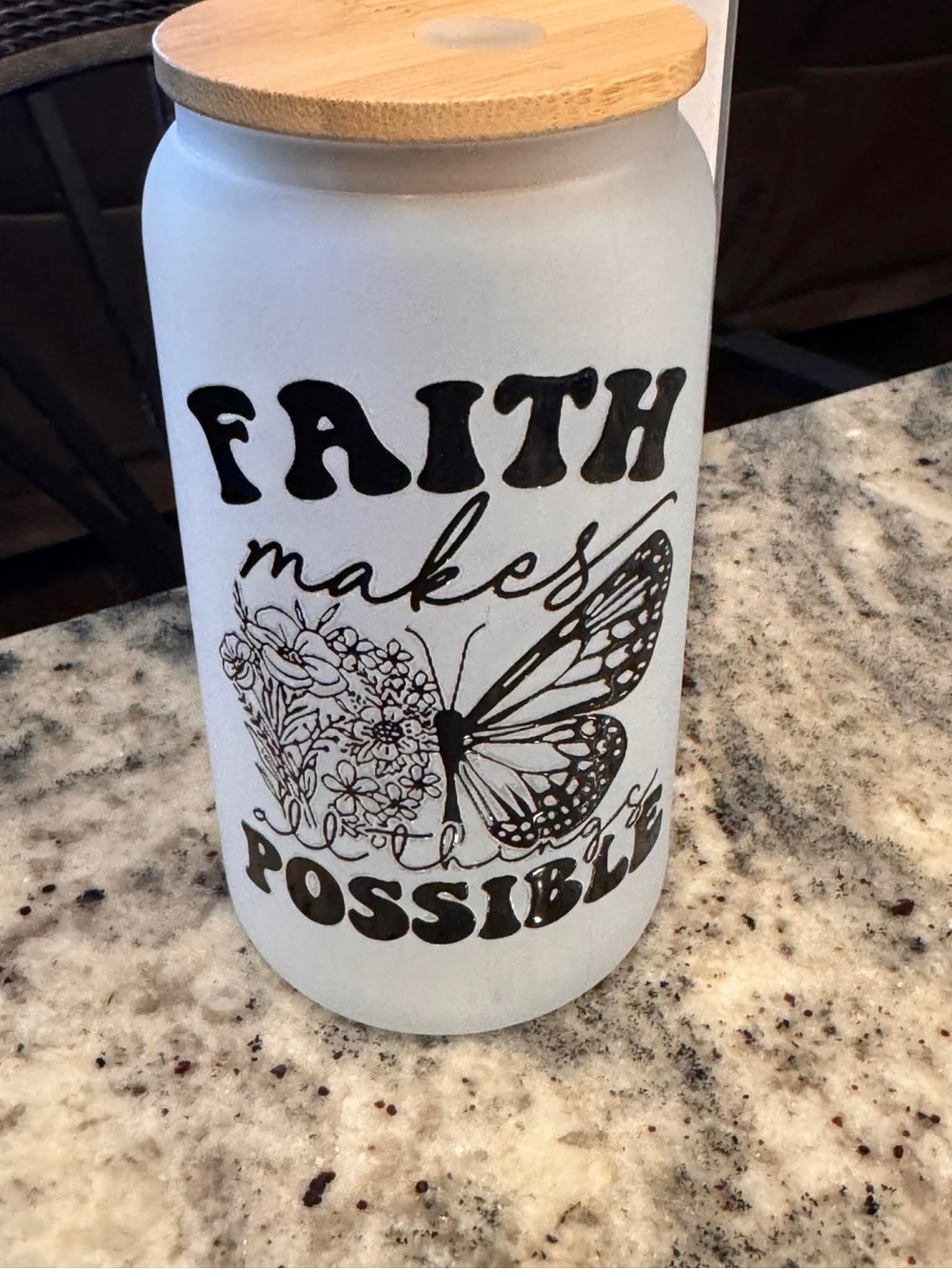 Faith Makes Possible FROSTED GLASS with Bamboo Lid & straw NEW IN BOX
